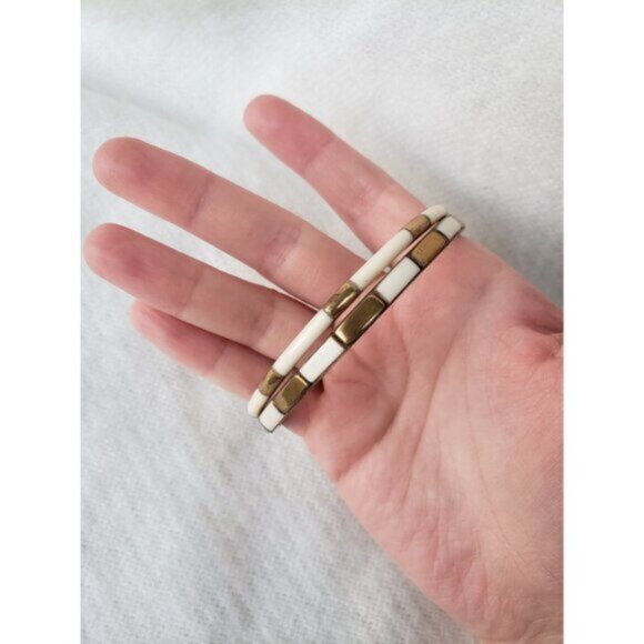 Brass w Bone Inlay Stackable Layering Bangle Bracelet Vintage - Picture 5 of 7